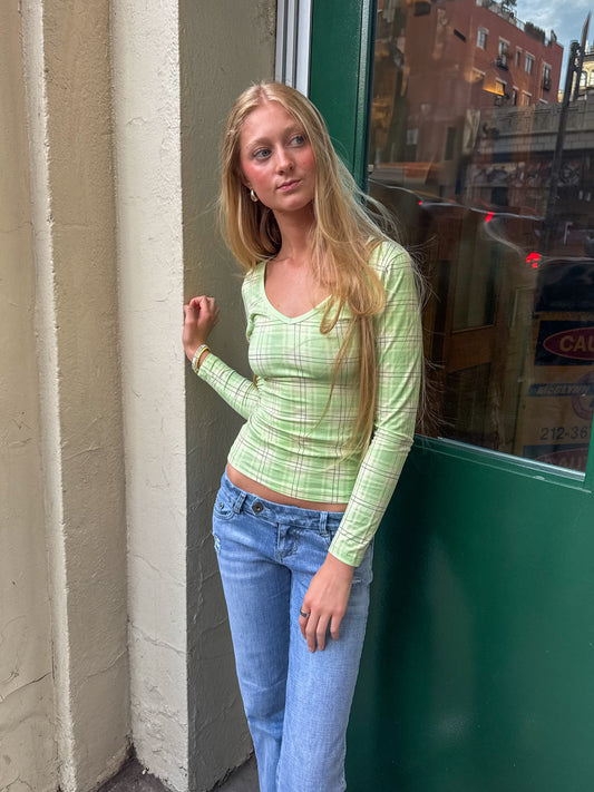 green plaid long sleeve top- PRE ORDER